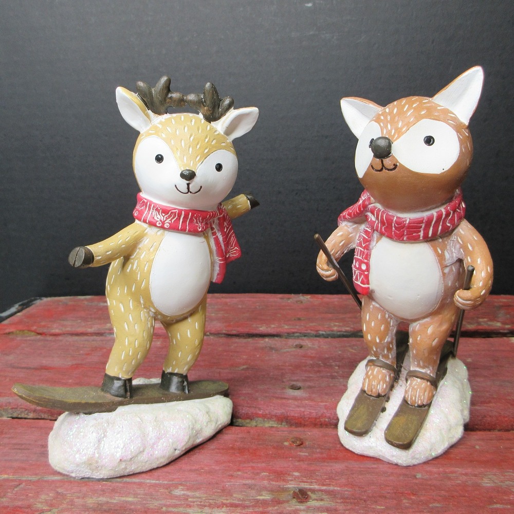 Christmas Deer & Fox Skiing Snowboarding Figurines Winter Holiday Decor Set of 2
